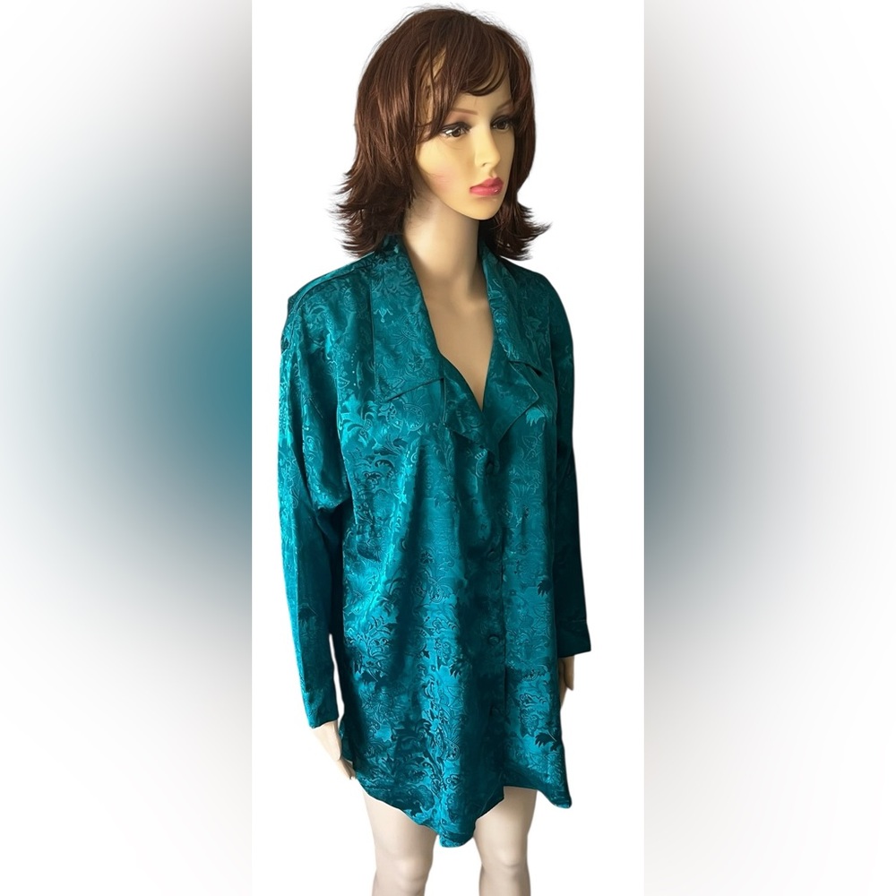 Vintage Victoria's Secret Gold Label Emerald Floral Damask Satin Sleep Shirt - Picture 2 of 10